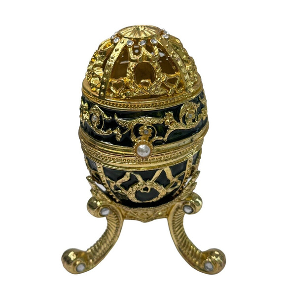 Vintage Collette Art Cie Collection Heavy Gold & Green Enamel Egg Music Box - Picture 1 of 8